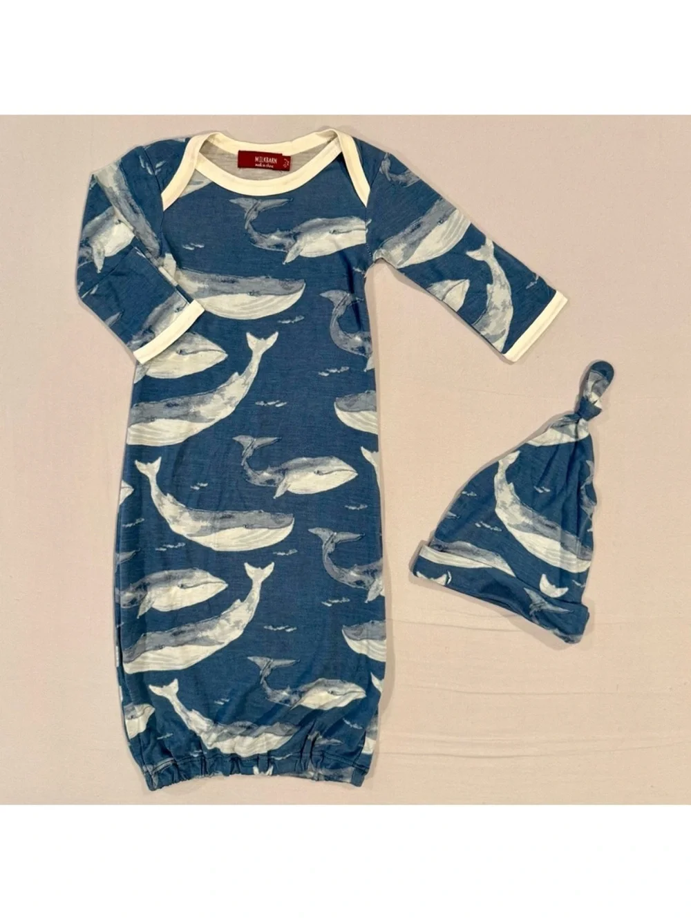 New Milkbarn Blue Whale Newborn Boys 0-3M Girls Gown & Hat Set Bamboo Layette